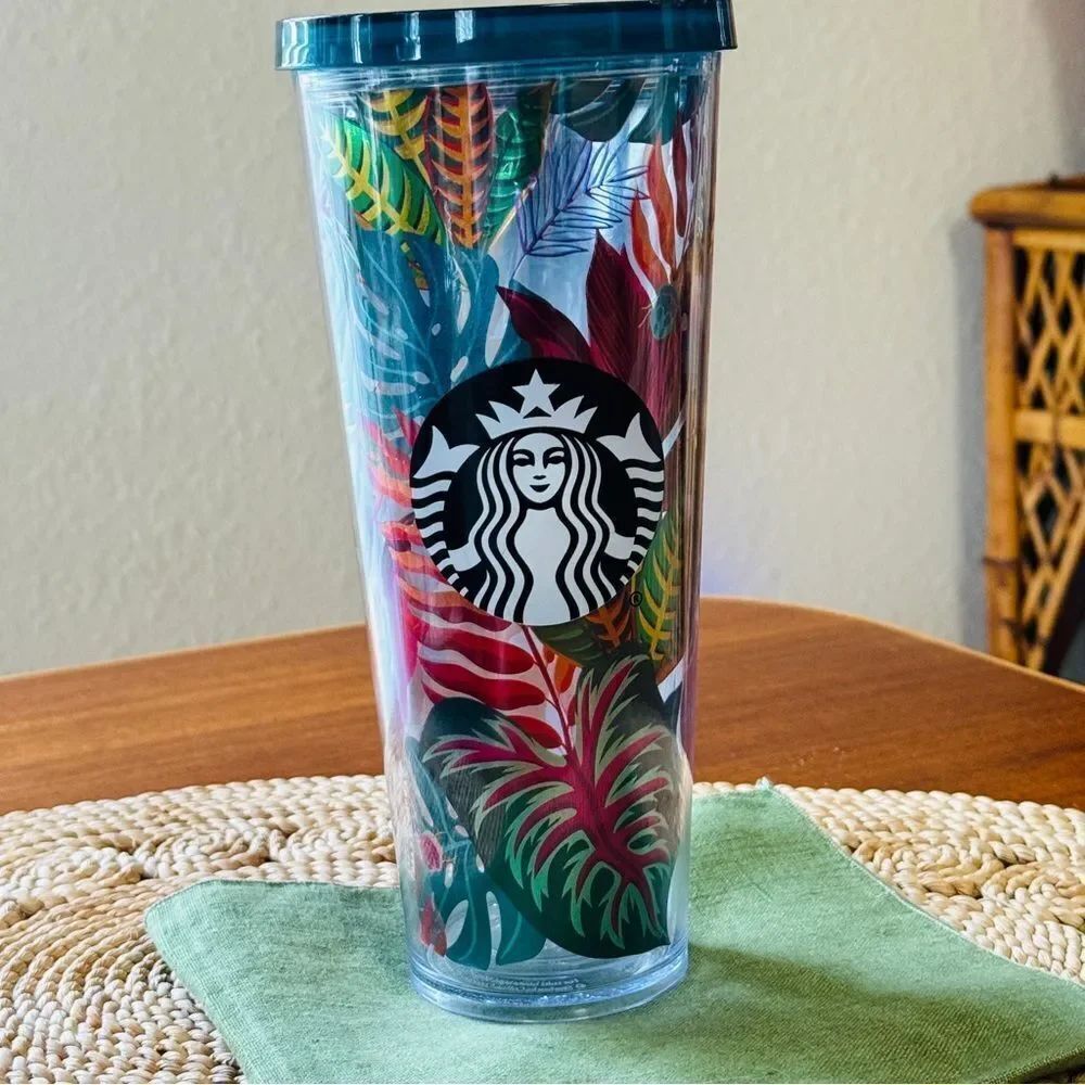 Starbucks Metallic Tropical Leaves Aloha Tumbler Colorful Leaf Design 24 oz